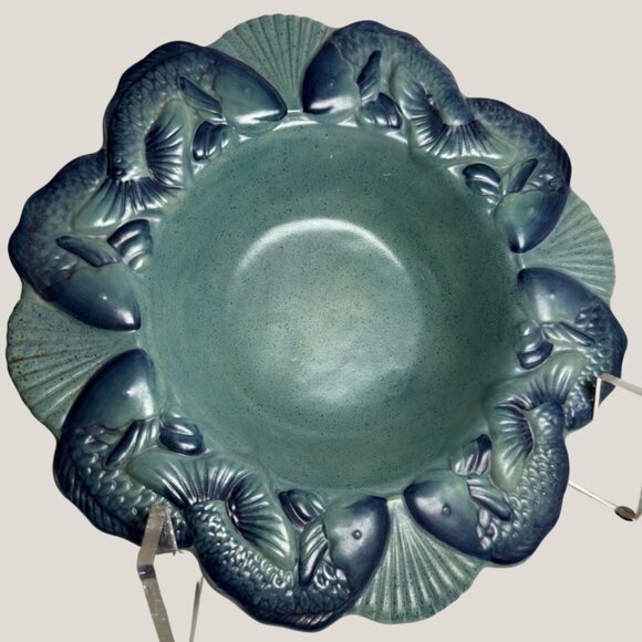Vintage Silvestri Ceramic Bowl Embossed Fish & Seashell Design, Sea Green Glaze - Picture 1 of 3